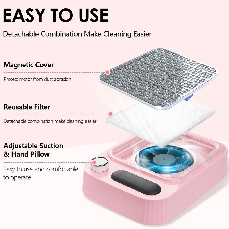 BLUETOP Pink Nail Dust Collector with Reusable Filter for Acrylic Gel Nails, 80W Power Nail Vacuum Cleaner Dust Catcher Adjustable Dust Sucker for Nails Manicure Pedicure at Home Nail Salons - Image 3